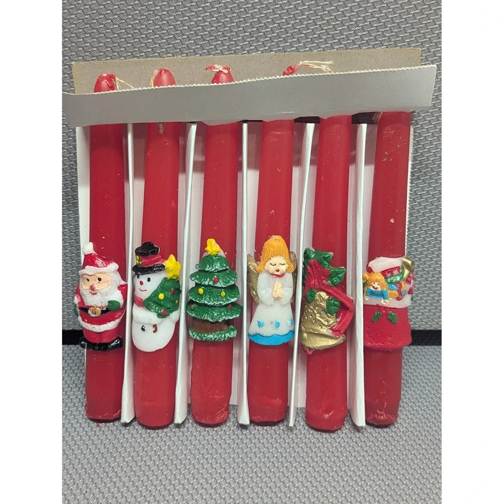 Vintage Christmas Taper Candles Set of 6 Red Wax Santa Snowman Tree Angel 6 inch